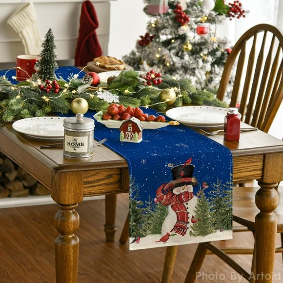 13'' x 72'' Winter Blue Snowman Birds Trees Christmas Tablecloth Home Decoration - Picture 2 of 7